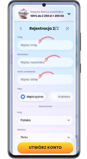 Drugi etap rejestracji w kasynie bez weryfikacji, dane osobowe gracza