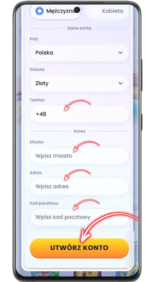 Trzeci etap rejestracji, telefon, miasto, adres i kod pocztowy